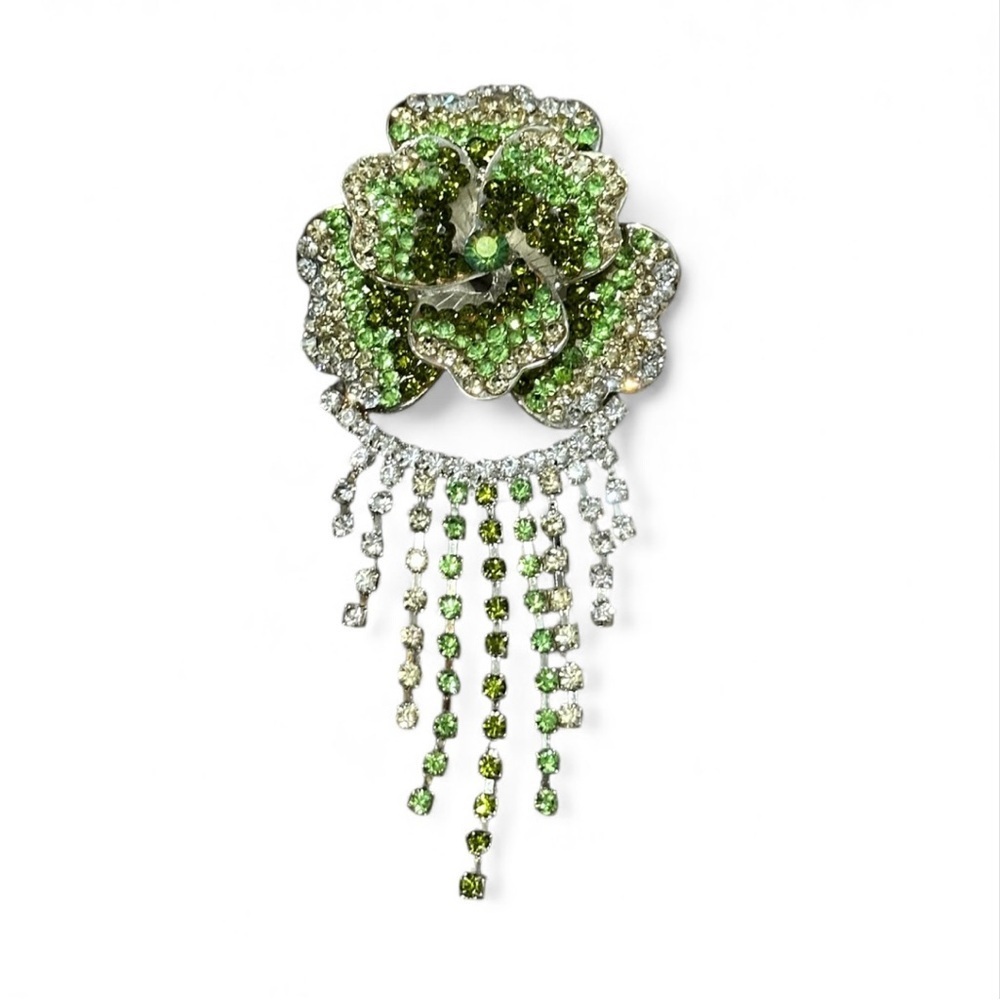 Elegant Green and Silver Rose Brooch 5” length